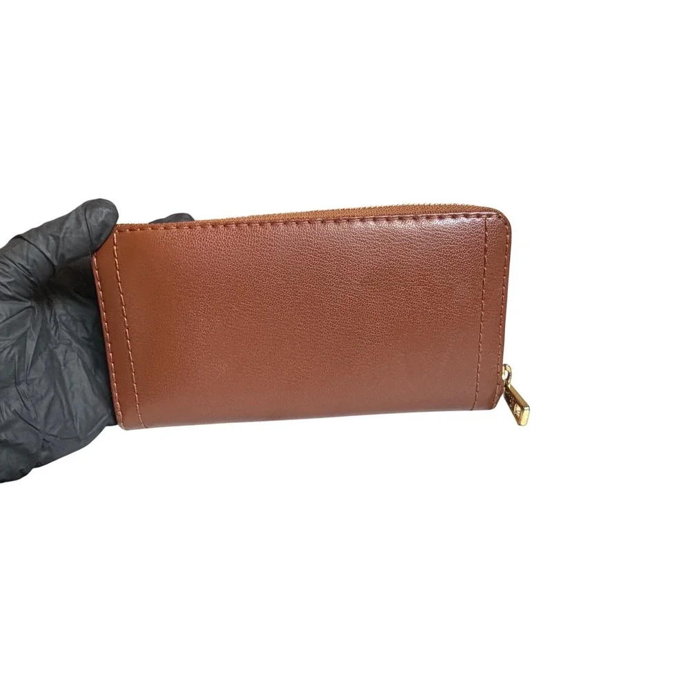 Lauren Ralph Lauren Brown Leather Zip Around Wallet Gold Logo Plaque Cognac